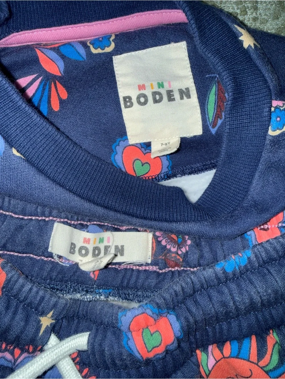 Mini Boden Navy Sun & Moon Jogger Set with Colorful Prints